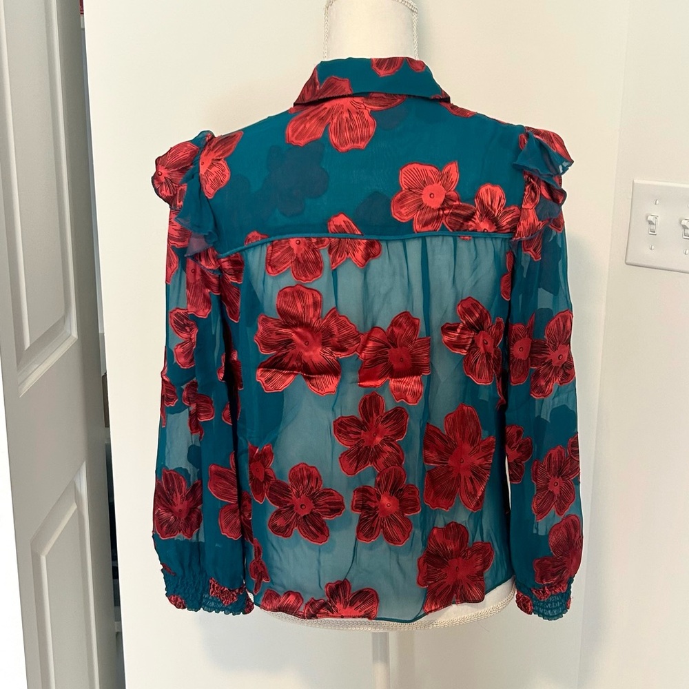 Floral Sheer Blouse - Teal and Red - Picture 2 of 6